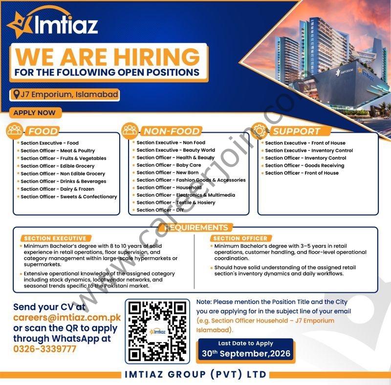 Imtiaz Group Jobs 2026 Multiple Vacancies in Islamabad