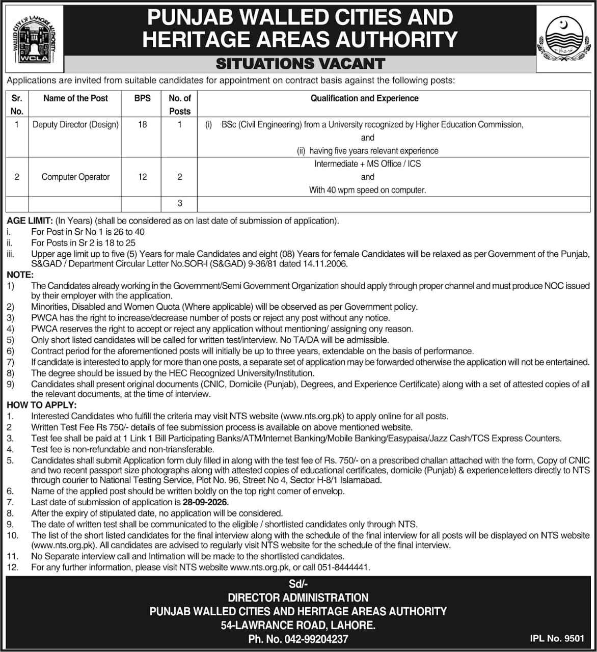 Punjab Walled Cities and Heritage Areas Authority Jobs 2026 – Deputy Director and Computer Operator