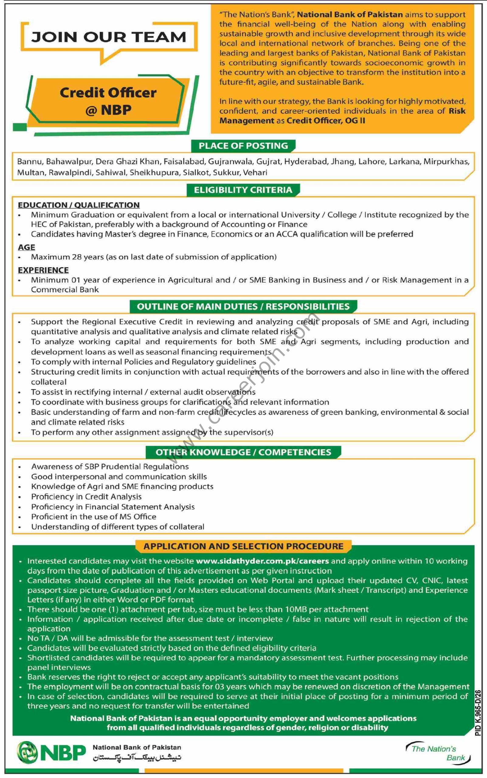 National Bank of Pakistan NBP Jobs 2026 – Credit Officer OG-II