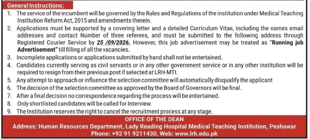Lady Reading Hospital Jobs 2026 LRH MTI Peshawar faculty vacancies