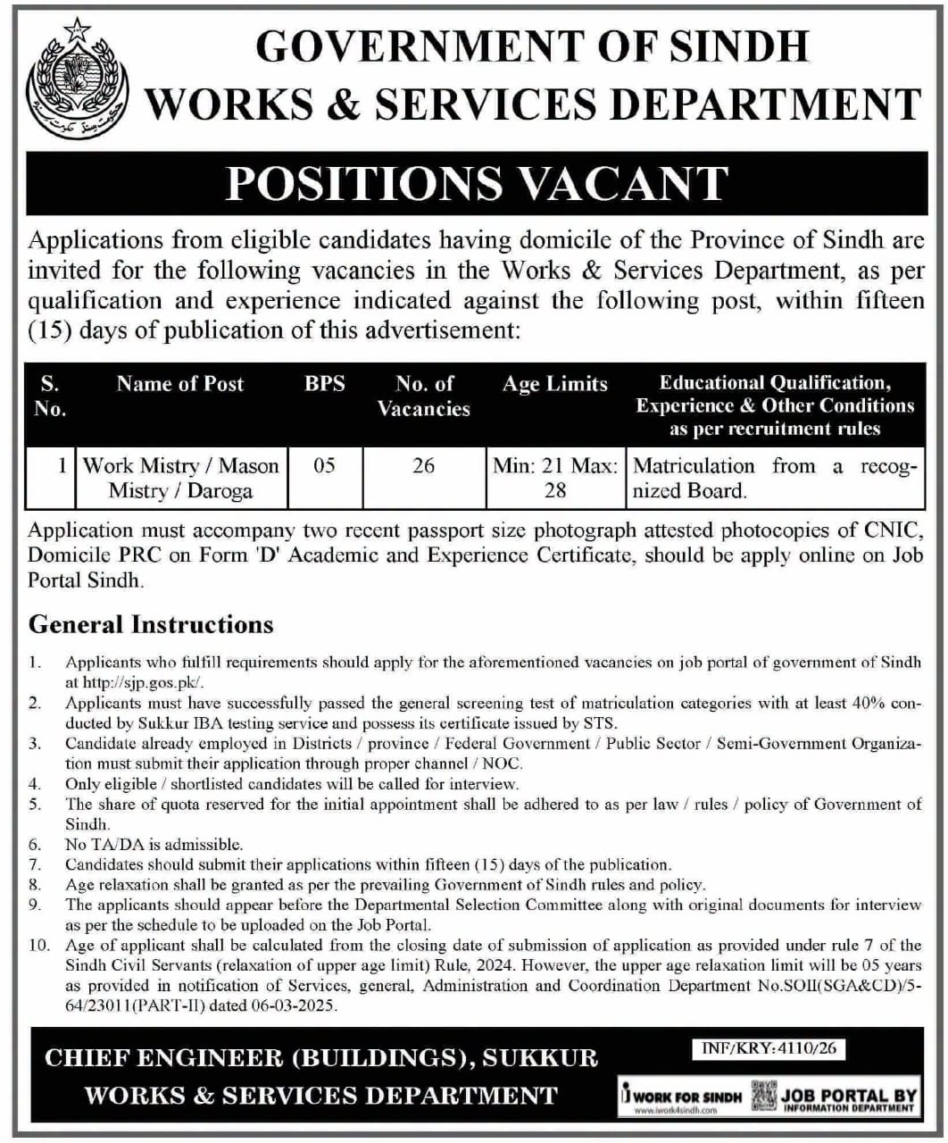 Sindh Works and Services Department Jobs 2026 – 26 Work Mistry Mason Mistry Daroga Vacancies