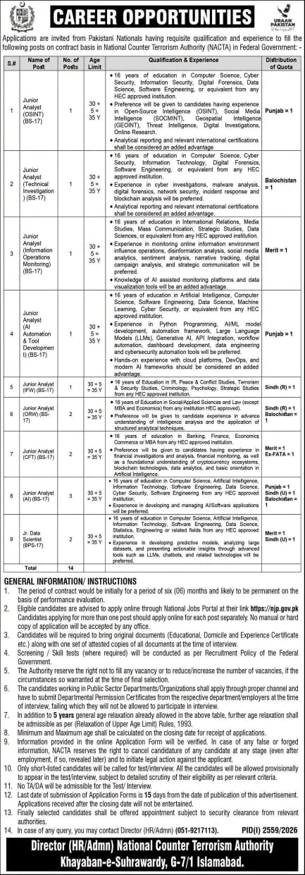NACTA Jobs 2026 – 14 Junior Analyst and Data Scientist Vacancies