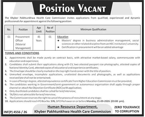 KPK Health Care Commission Jobs 2026 Procurement Officer Material Management