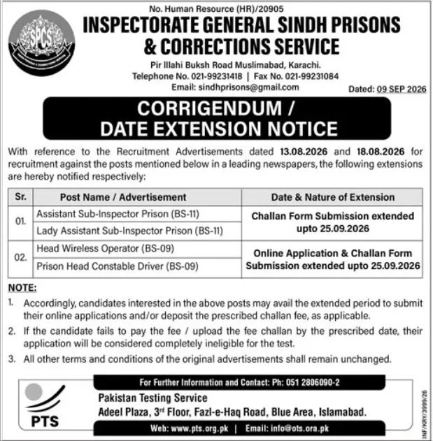 Sindh Prisons Jobs 2026 ASI Lady ASI Head Wireless Operator and Driver vacancies